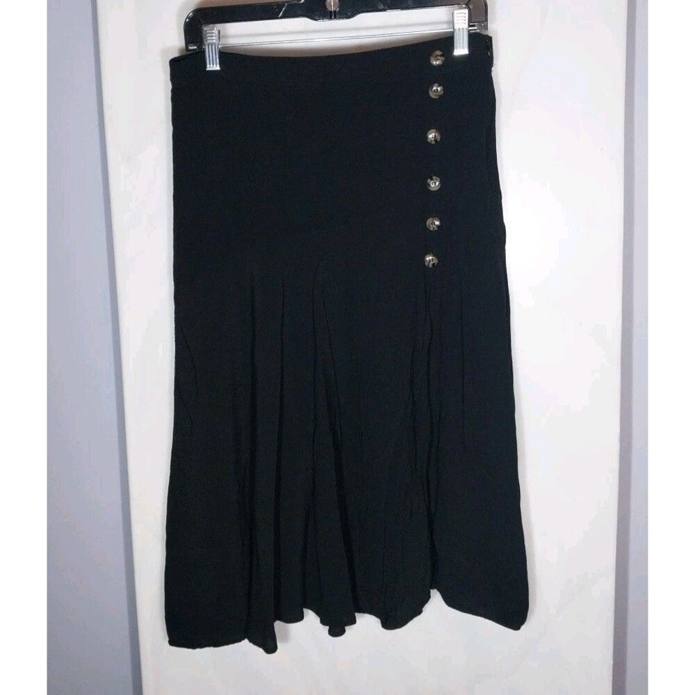 Zara Black Midi Skirt L High Rise Button Front Slit Flowy Viscose Boho Resort